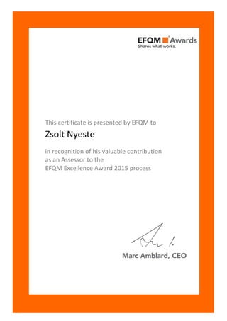 This certificate is presented by EFQM to
Zsolt Nyeste
in recognition of his valuable contribution
as an Assessor to the
EFQM Excellence Award 2015 process
 