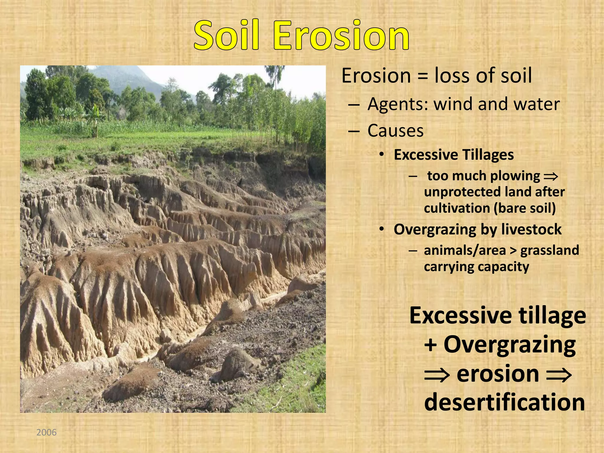 2006 
•Erosion = loss of soil 
–Agents: wind and water 
–Causes 
•Excessive Tillages 
– too much plowing  unprotected land after cultivation (bare soil) 
•Overgrazing by livestock 
–animals/area > grassland carrying capacity 
Excessive tillage + Overgrazing  erosion  desertification  