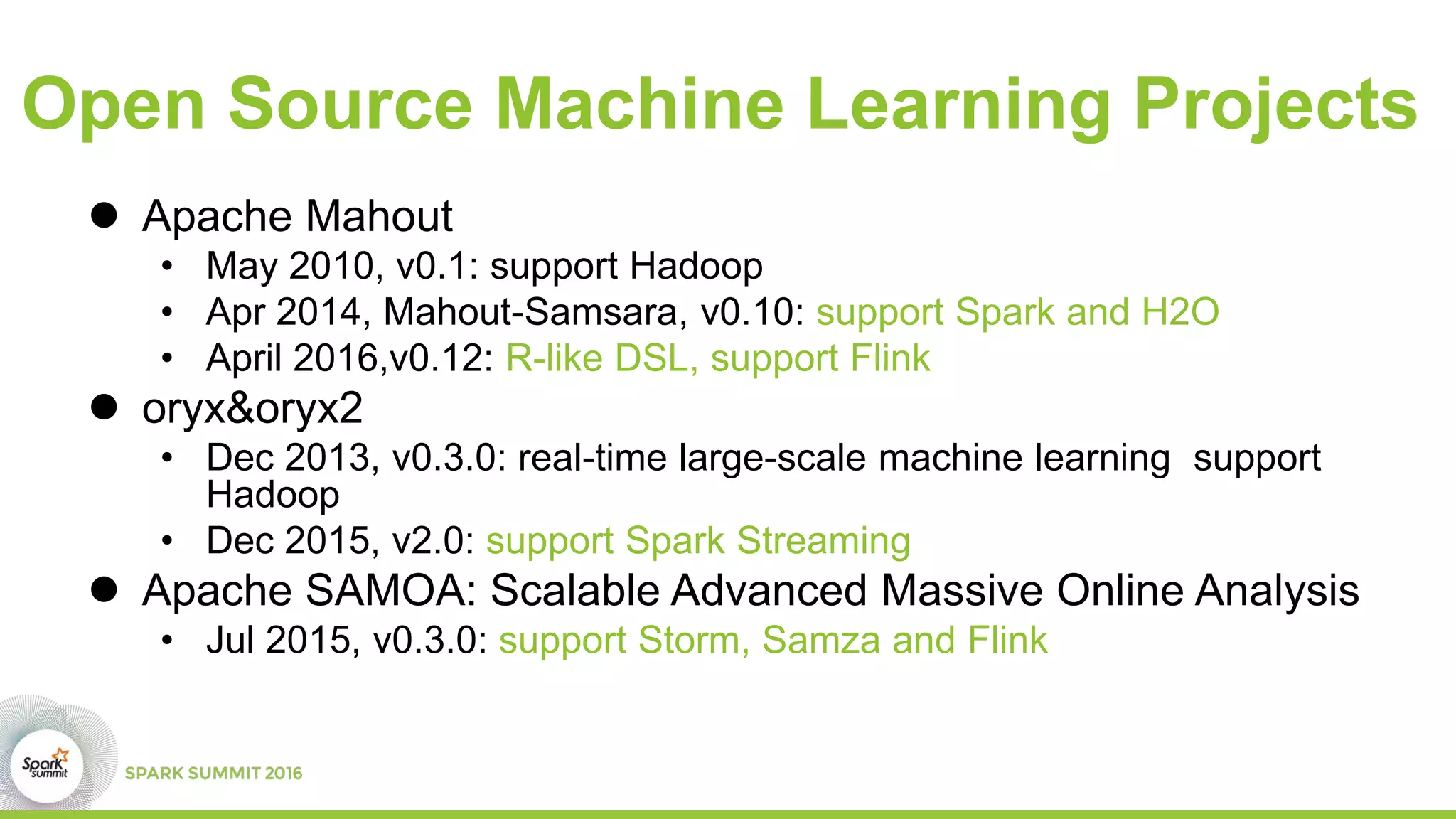 Open Source Machine Learning Projects
 Apache Mahout
• May 2010, v0.1: support Hadoop
• Apr 2014, Mahout-Samsara, v0.10: support Spark and H2O
• April 2016,v0.12: R-like DSL, support Flink
 oryx&oryx2
• Dec 2013, v0.3.0: real-time large-scale machine learning support
Hadoop
• Dec 2015, v2.0: support Spark Streaming
 Apache SAMOA: Scalable Advanced Massive Online Analysis
• Jul 2015, v0.3.0: support Storm, Samza and Flink
 
