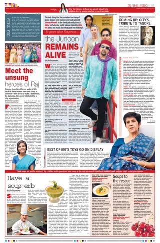 epaper.dnaindia.com
                                                                                                                        UP NEXT                                                                                                         IN THE PINK A H3
                                                                                                                                                                                                                                                           Jaipur,Sunday, May 6, 2012
                                                                                     M l Kui
                                                                                      i a ns,                          AtrteHlcut i Rsi yuwr ntalwdt b
                                                                                                                        fe h ooas, n usa o ee o loe o e
                                                                                           ato
                                                                                           c r                         rlgos Bt m prnsrie m t ko IwsJws
                                                                                                                        eiiu. u, y aet asd e o nw a eih
                                                                                                                                                                                          Dalbeer Singh Negi/DNA


             An eye for an experiment                                    The only thing that has remained unchanged                                                                  POWER OF FOUR:
                                                                                                                                                                                                                    buzzzz
  DIG THIS

                                                                                                                                                                                     Front, Salman
                                                                                                                                                                                                                    COMING UP: CITY’S
             Newton thought that colour is infused by pressure
             on the eye. To prove this, in an optical experiment,        about Junoon is its founder and lead guitarist                                                              Ahmad with
             he stuck a darning needle around the side of his eye                                                                                                                    other Junoon
                                                                         Salman Ahmad. As the band got ready to rock
             until it poked the back of his eye. He calmly noted
             that he saw white, dark, and coloured circles when          Jaipur on Saturday night, Salman talked to After
                                                                                                                                                                                     members at
                                                                                                                                                                                     After Hrs’ office
                                                                                                                                                                                                                    TRIBUTE TO TAGORE
             h sird te nel i hs ee Atog i i nt
              e tre h ede n i y. lhuh t s o                                                                                                                                                                         Prabha Khaitan Foundation, in
             known what he concluded from his experiment,                Hrs about his music and what goes into making it                                                                                           association with Shruti Mandal
             Newton argued that light is composed of pa t c e .
                                                          rils                                                                                                                                                      and FICCI FLO, will bring togeth-
             Science later adopted a wave theory of light and                                                                                                                                                       er eminent artists from the city to
             colour, because of what some experiments found.
             Newton had some vindication on his theory, t o g .
                                                           huh
                                                                       15 years after Sayonee…                                                                                                                      commemorate the 150th birth an-
                                                                                                                                                                                                                    niversary        of       Gurudev
             W ith the discovery of quantum mechanics, light is                                                                                                                                                     Rabindranath Tagore with a



                                                                           the Junoon
             now thought to be both a wave and a pa t c e
                                                      ril.                                                                                                                                                          melange of cultural performanc-
                                                                                                                                                                                                                    es. To be held at Vidhya Ashram
                                                                                                                                                                                                                    on May 13, the program titled ‘Re-
                                                                                                                                                                                                                    membering Tagore’ will see these
                                            Dalbeer Singh Negi/DNA                                                                                                                                                  artistes pay a tribute to Gurudev.



                                                                           REMAINS
                                                                                                                                                                                                                    Among others, Kathak dancer
                                                                                                                                                                                                                    Manjiri Kiran Mahajani, Dhrupad vocalist Dr Madhu Bhatt
                                                                                                                                                                                                                    Tailang, singer Manisha Agarwal, writer and poet Ikraam
                                                                                                                                                                                                                    Rajasthani, sculptor Arjun Prajapati and artist Surendra
                                                                                                                                                                                                                    Pal Joshi will mesmerise the audience with their impressive
                                                                                                                                                                                                                    performances and art.



                                                                           ALIVE
                                                                                                                       spirituality and                                                                                                                                   —AH Correspondent
                                                                                                                       politics—they all
                                                                                                                       just come in the
                                                                                                                       same way  .                                                                                               Aparna Sahay,bureaucrat
                                                                          After Hrs Correspondent                      There was a time




                                                                                                                                                                                                                    lf i terto
                                                                                                                                                                                                                                 DD DAYS: On the TV, I thought news was more entertaining




                                                                                                                                                                                                                     ie n h er
                                                                          a terhoursjpr@dnaindia.net
                                                                           f                                           when Junoon faced
                                                                                                                       severe censorship in                                                                                      than the serials. Newsreaders Salma Sultan and Geetanjali
HEAR, HEAR: Diya Kumari (centre) listens as women                                                                                                                                                                                Aiyaar were my style icons! However, I was a much greater
achievers from the state share their success stories
                                                                          W        ith their powerful lyrics
                                                                                   and even more powerful
                                                                                   music, Junoon defined the
                                                                                                                       Pakistan. How did
                                                                                                                       you feel about that?
                                                                                                                       It was just that both the
                                                                                                                                                                                                                                 fan of music. I had a great collection of Boney M, the Bee
                                                                                                                                                                                                                                 Gees, Paul Anka and Beatles’ LPs. And one last thing that I



Meet the                                                                  genre Sufi rock in the 1990s. Today,
                                                                          they are called the U2 of Pakistan.
                                                                          Their music created ripples even in
                                                                          India with their 1997 hit Sayonee,
                                                                                                                       countries did their nu-
                                                                                                                       clear tests at the same
                                                                                                                       time in May 98. I was
                                                                                                                       asked to express my views
                                                                                                                                                                                                                                 really miss about those days are the morning shows of
                                                                                                                                                                                                                                 English films at Prem Prakash and Gem! That’s where you
                                                                                                                                                                                                                                 could meet the real crème de la crème of Jaipur.
                                                                                                                                                                                                                                 DRESSING UP: Stretch pants and bell bottoms were the



unsung
                                                                          and later with Paap’s Garaj baras.           on it by a news channel                                                                                   in thing. The ultimate style statement, however, were saris.
                                                                          After 19 albums, the band certainly          and I said that there                                                                                     Back then, the Indira Gandhi style saris were quite popular.
                                                                          seems to have carved a niche in the          should be cultural fu-                                                                                    One other thing that I remember about those days is that
                                                                          world of music. Lead guitarist               sion, not a nuclear fu-
                                                                                                                                                                                                                                 rickshaw drives used to be very stylish (laughs)! They
                                                                          Salman traces Junoon’s musical               sion. And, I (Junoon’s
                                                                                                                                                                                                                                 dressed in half-pants and net shirts and newspapers


heroes of Raj                                                             journey with After Hrs.

                                                                          It’s been more than 20 years
                                                                          since the band was formed.
                                                                          Many members have come and
                                                                                                                       music) was banned!

                                                                                                                       Tell us about your
                                                                                                                       book Rock and Roll
                                                                                                                       Jihad
                                                                                                                                                                                                                                 were full of stories of rick drivers marrying German
                                                                                                                                                                                                                                 or French girls!
                                                                                                                                                                                                                                 WHEELS: What girls like us really coveted was a scooter.
                                                                                                                                                                                                                                 Lambrettas were for old people, girls wanted the Vespa!
Coming from the different walks of life,                                  left, but you remain here. What              The book is about my                                                                                      Its booking used to stretch over months, so I had to settle for
each of these women have only thing in                                    made you stay for so long?                   cross cultural jour-                                                                                      an Allwyn Pushpak. Some of the more adventurous girls at
                                                                          I know that it’s been more than 20           ney and it was re-                                                                                        the university even owned motorbikes.
common—their drive to make a difference.                                  years. But it feels like it all started      leased at Jaipur Lit-
                                                                                                                                                                                                                                 THE WAY WE ATE: Earlier, outside Suryamahal, they would
On Saturday, they were felicitated by a                                   this morning. It feels like Sayonee          erature Fest. I was a
                                                                                                                                                                                                                                 serve seekh kebabs from a live grill. That was the hotspot for
                                                                          came out yesterday. 20                                     teenag-
city organisation                                                         years just passed in a                                     er when
                                                                                                                                                                                                                                 parties! And, Natraj was another favourite—I don’t know why
                                                                                                                                                                                                                                 it isn’t doing so well now—we often went there for dahi-
After Hrs Correspondent            more than 450 child mar-               snap. My parents gave me
                                                                          two career choices—
                                                                                                              sound                  I shifted
                                                                                                                                     to US                                                                                       wada. Niros was the obvious choice for our non-vegetarian
a
fterhoursjpr@dnaindia.net          riages in Rajasthan.
                                       Usha was one of the 20             doctor and doctor. In
                                                                          Pakistan and India, if one
                                                                                                              POINT                  with
                                                                                                                                     my
                                                                                                                                                                                                                                 friends; I personally liked their vegetarian sizzlers.
                                                                                                                                                                                                                                 MALGUDI MOMENTS: Two things: letters and summer

F        or Chittorgarh native
         Usha Choudhary, most
         of her adult life has
been a tough battle against
the society, including her own
                                   women achievers who were
                                   felicitated for their similarly
                                   meaningful contributions to
                                   the society at an event called,
                                   Celebrating being Women.
                                                                          wishes to go against his parents’
                                                                          wishes, it has to be for a really great
                                                                          reason. Junoon was that reason for
                                                                          me. I did spend five years in the med-
                                                                                                                       family and then
                                                                                                                       went back (to
                                                                                                                       Pakistan)
                                                                                                                       study medicine.
                                                                                                                                       to
                                                                                                                                                                                                                                 vacations at our nanihal; nobody sends picture postcards
                                                                                                                                                                                                                                 anymore—I remember, my grandfather had this hooked wire
                                                                                                                                                                                                                                 on which he kept all his letters! And my summer vacations...
                                                                                                                                                                                                                                                      they were mostly spent at my nani’s
family. Her parents had de-        Organised by Preet Mandir              ical school just to put a degree in          However,      after                                                                                                                       village near Aligarh. The fun I
cided to marry her off when        Sansthan, the ceremony was             mother’s hand. My mother still               9/11, I was just not a                                                                                                                         had stealing kathal,
she was 13. Usha had seen the      held at Hotel Ramada on                thinks that I will return to medicine        musician anymore, I                                                                                                                             mango and litchi from
lives of women who were            Saturday.                              someday  .                                   became something else.                                                                                                                          the orchards was just
married in their childhood             Pushpa Srivastav, Pari                                                                                                                                                                                                          priceless.
and she didn’t want to suffer      Tilwani and Shipra Bhutani             You are being called U2 of                   Why call it Rock and Roll Jihad?
                                                                          Pakistan...                                  Rock and roll means freedom and                                                                                                                              —As told to
like them. She said no.            were honoured for their work
                                                                          We sing songs about peace and unity  .       jihad means struggle. It doesn’t                                                                                                                         Shivani Sharma
     “To just go against the de-   in the field of education,
cision of my family was a          while Saraswati Jain, Nis-             U2 also often talks of upliftment. But       mean bombing a building with
struggle in itself. More so, be-   hant Husain and Apra                   there’s a significant difference in          an airplane.
cause the society believed they    Kuchchal were awarded for              our music.
were doing the right thing.        their services for the under-                                                       You are planning a Bollywood
But, I didn’t give up,” shared     privileged.                            You show interest in politics too.           venture too.
Usha said with a triumphant            Apart from felicitations,          Why?                                         The movie is called Rhythm. It is all
gleam in her eyes.                 the event also saw a number            The great poet Ghalib once said that         about a girl who is lead singer in
     It took her two years, but    of cultural programmes. Em-            art is of no use if you don’t express        a college band and dreams of becom-
Usha managed to not only           inent personalities of the city        what’s happening around you. For             ing a big musician someday. Also,
become a post graduate in          like Diya Kumari, state                example, when I was in medical               she is crazy about Junoon. So, my
Hindi Literature, but she            health minister Raj Kumar            school, I saw people dying in front of       role in the film is to motivate her. I
also finally broke off                 Sharma and mayor Jyoti             me because they couldn’t get medi-           have also sung two of the film’s
her engagement.                          Khandelwal attended              cines on time. It affected me. Music,        songs.
Then she started                          the event.
working with an                                Talking to After
NGO called Vikalp                          Hrs, at the end of pro-
in        Jodhpur.                         gram, Diya Kumari
Now, she fights
for the rights of
                                           noted, “It was a good
                                            initiative to acknowl-
                                                                               BEST OF 007’S TOYS GO ON DISPLAY
other women and                              edge the contribution             Bond movie bosses are staging the biggest ever exhibi-      camera from Thunderball, Halle Berry’s orange
against female                                    of lesser-known              tion of iconic props from the spy films, to mark the 50th   bikini from Die Another Day, Bond’s underwater
foeticide.                                             women                   birthday of the franchise in London.                        Lotus car from The Spy Who Loved Me, and
Usha         is                                            from the               The famous exhibits include Goldfinger henchman          Daniel Craig’s famous blue swimming
proud       to                                              differ-            Oddjob’s bowler hat, the metal teeth sported by Jaws in     trunks will also be on display.
                                                                      buzzzz




share that                                                  ent                two 1970s Bond films, Scaramanga’s pistol from The             The exhibition will even feature
till     date                                             strata of            Man With The Golden Gun, 007’s spacesuit from Moon-         some of Bond’s American Express
Vikalp                                                    life!”               raker, and tarot cards deck from Live and Let Die.          card and his passport, which re-
has                                                                               The flick-knife shoes worn by SPECTRE agent              veals he travels under the false
stopped                                                                        Rosa Klebb in From Russia with Love, a waterproof           name Arlington Beech. —ANI
                       Usha Choudhary

                       Think soups are just for winters? Try a chilled bottle gourd and mint soup, or the cold version of Rajasthani makke ki raab, and you might revise your opinion
                                                                                                                                                                Chef Mihir Kiran Mukherjee,                                                          cubes. Boil the bottle gourd in
                                                                                                                                                                                                         Soups to
                                                                                                                            “They can be either fruit


    Have a                                                                                                              based or vegetable based,” elab-
                                                                                                                        orates Chef Abhijeet Mukherjee
                                                                                                                        of hotel Four Point Sheraton.
                                                                                                                        “These soups are always served
                                                                                                                        raw and uncooked. This is why
                                                                                                                                                                Country Inn and Suites
                                                                                                                                                                Chilled melon and
                                                                                                                                                                ginger soup
                                                                                                                                                                No. of portions: 4                       the rescue
                                                                                                                                                                                                                                                     water, add salt, white pepper pow-
                                                                                                                                                                                                                                                     der and when its tender remove it
                                                                                                                                                                                                                                                     from heat and strain. Sauté
                                                                                                                                                                                                                                                     chopped onion and garlic in olive
                                                                                                                                                                                                                                                     oil till it turns translucent. Now


    soup-erb
   After Hrs Correspondent                drink. In a nutshell, they are                                      basic
                                                                                                                        they are very healthy.”
                                                                                                                            For those who are on a heath
                                                                                                                        regime, cold soups make a great
                                                                                                                        choice for lunch or dinner appe-
                                                                                                                        tisers.
                                                                                                                                                                                                         very thinly slice the flesh. Sprinkle
                                                                                                                                                                                                         the cucumber with salt and set
                                                                                                                                                                                                         aside for 30 minutes. Wash the
                                                                                                                                                                                                         cucumber to remove salt and dry
                                                                                                                                                                                                         it with a kitchen paper. Place
                                                                                                                                                                                                                                                     mix the boiled bottle gourd,
                                                                                                                                                                                                                                                     sautéed onions and garlic in a
                                                                                                                                                                                                                                                     blender till it is of a paste consis-
                                                                                                                                                                                                                                                     tency. Add cream, mint leaves
                                                                                                                                                                                                                                                     paste, and oil olive to the bottle
   a
   fterhoursjpr@dnaindia.net              perfect for Jaipur summers!                                         in-           Apart from their health bene-                                                the cucumber in a bowl and stir             gourd mixture and mix properly.
                                          After Hrs finds out more                                          gredi-      fits, these soups are quite a treat                                              in the remaining ingredients (olive         Put in a chiller for 15 minutes and


   S     ummer soups are healthi-
         er cousins of mocktails
         and juices and are nearly
   as easy to make. They not only
   have a vibrant burst of flavours,
                                          about
                                          city chefs.
                                                      them    from

                                              Chef Mihir Kiran Mukherjee
                                                                        the


                                          of Hotel Country Inn and Suites
                                          says that the concept of cold
                                                                                                           ents of
                                                                                                         these
                                                                                                      recipes are
                                                                                                       found
                                                                                                       abundance,
                                                                                                                  in
                                                                                                                        for the taste buds too. “They can
                                                                                                                        be in any combination of
                                                                                                                        flavours that you like,” says
                                                                                                                        Chef Sunil of Hotel Marriott,
                                                                                                                        for example they can be made
                                                                                                                                                                Ingredients: 4 small cantaloupe
                                                                                                                                                                melons, 4 spring onions
                                                                                                                                                                                                         oil, lime juice, chopped dill leaves,
                                                                                                                                                                                                         chopped ginger, and extra virgin
                                                                                                                                                                                                         olive oil), season with pepper
                                                                                                                                                                                                         to taste.
                                                                                                                                                                                                                                                     serve garnished with croutons.

                                                                                                                                                                                                                                                     Chef Abhijeet Mukherjee,
                                                                                                                                                                                                                                                     Four point Sheraton
                                                                                                                                                                (trimmed), 60ml ginger wine, 15          Divide the soup between the                 Bing cherry soup
   but are also as cool as an iced        soups is ancient. And since the                             they     were     with or without sugar or with a
                                                                                                                                                                gms fresh dill leaves (chopped),         reserved melon shells and top               Ingredients: 12 dark and sweet
                                                                                                  made in the Eu-       hint of lemon.
                                                                                                                                                                150 ml fresh cream, lime juice, salt     each portion with a little of the           cherries pitted, 500gms vanilla
                                                                                 ropean           Mediterranean,            For those who are keen to
                                                                                                                                                                and pepper to taste                      cucumber relish. Drizzle a little           icecream, 500ml Amul cream
       Chef Nisar                                                                as well as South American coun-        make them at home—Chef
                                                                                 tries.                                 Nisar Ahmed of Zodiac restau-                                                    extra virgin olive oil over it and          fresh, 500m fresh milk, and
       Ahmed of                                                                                                                                                 Method: Cut the liver from the
                                                                                     “The idea behind them is to        rant reveals the three big                                                       garnish it with dill leaves before          1tbsp cherry liqueur
       Zodiac                                                                                                                                                   base of each melon so that it
                                                                                 keep the body cool and re-             secrets to achieve the chilled per-                                              serving.
       restaurant                                                                                                                                               stands upright, then cut a slice                                                     Procedure: Combine all ingredi-
                                                                                 freshed,” explains Mukherjee,          fection of these soups—BLEND,           off of the top. Scoop out and                                                        ents together and blend with stick
                                                                                 adding that the ingredients used       BLEND and BLEND again till              discard the seeds over a sieve,          Chef Nisar Ahmed,                           blender. Serve in chilled soup
                                                                                 for these soups are perfect to deal    you get an elegant smooth tex-          save the juice. Once the flesh is        Zodiac restaurant                           cups and garnish with
                                                                                 with heat and humidity of a            ture.                                   scooped out, keep the melon              Chilled bottle gourd                        whipped cream!
                                                                                 Mediterranean climate. Since,              “Soup’s consistency is thicker      shells for serving. Now, puree           and mint soup
                                                                                 the climate in Rajasthan is also       than a smoothie, but thinner            the melon flesh in a blender with        Portions: 2
                                                                                 just as hot, these soups find a        than that of a regular soup,”           the spring onions, ginger wine,          Ingredients: 400 gms bottle gourd,
                                                                                 place on our modern menus too.         says Ahmed, adding that you
                                                                                                                                                                dill and fresh cream and then add        20gms chopped garlic, 30gms
                                                                                     Moreover, chefs love these         will need to refrigerate the soup
                                                                                                                                                                enough of the save melon juice           chopped onion, Salt to taste, 2
                                                                                 soups—they are not only a great        for at least three hours before it
                                                                                                                                                                to preserve a good consistency.          gm white pepper powder, 30
                                                                                 way to use the season’s fresh          is served. If you are planning to
                                                                                                                                                                Add little lime juice, chill for an      gms mint leaves, 70ml fresh
                                                                                 bounty, it takes mostly only a         serve it to guests, garnish it with
                                                                                 whirl in the blender to prepare        grounded nuts or freshly-               hour before serving.                     cream, 50ml olive oil, 20gms
                                                                                 them. They can even be made in         chopped mint leaves.                    Now, make a cucumber relish. Peel        bread croutons
                                                                                 advance and stored in the refrig-                                              and cut the cucumber into two            Method: Peel the bottle gourd,
                                                                                 erator .                                                                       halves, scoop out the seeds and          remove seeds and cut it into
 