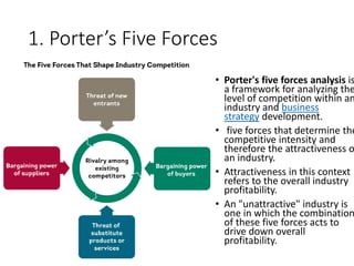 1. Porter’s Five Forces
• Porter's five forces analysis is
a framework for analyzing the
level of competition within an
industry and business
strategy development.
• five forces that determine the
competitive intensity and
therefore the attractiveness o
an industry.
• Attractiveness in this context
refers to the overall industry
profitability.
• An "unattractive" industry is
one in which the combination
of these five forces acts to
drive down overall
profitability.
 