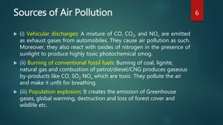 Sources of Air Pollution
 (i) Vehicular discharges: A mixture of CO, CO2, and NOx are emitted
as exhaust gases from automobiles. They cause air pollution as such.
Moreover, they also react with oxides of nitrogen in the presence of
sunlight to produce highly toxic photochemical smog.
 (ii) Burning of conventional fossil fuels: Burning of coal, lignite,
natural gas and combustion of petrol/diesel/CNG produces gaseous
by-products like CO, SO2 NOx which are toxic. They pollute the air
and make it unfit for breathing.
 (iii) Population explosion: It creates the emission of Greenhouse
gases, global warming, destruction and loss of forest cover and
wildlife etc.
6
 