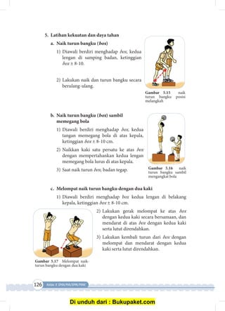 126 Kelas X SMA/MA/SMK/MAK
Gambar 5.15 naik
turun bangku posisi
melangkah
Gambar 5.16 naik
turun bangku sambil
mengangkat bola
5.	 Latihan kekuatan dan daya tahan
a.	 Naik turun bangku (box)
1)	Diawali berdiri menghadap box, kedua
lengan di samping badan, ketinggian
box ± 8-10.
2)	Lakukan naik dan turun bangku secara
berulang-ulang.
b.	 Naik turun bangku (box) sambil
memegang bola
1)	Diawali berdiri menghadap box, kedua
tangan memegang bola di atas kepala,
ketinggian box ± 8-10 cm.
2)	Naikkan kaki satu persatu ke atas box
dengan mempertahankan kedua lengan
memegang bola lurus di atas kepala.
3)	Saat naik turun box, badan tegap.
c.	 Melompat naik turun bangku dengan dua kaki
1)	Diawali berdiri menghadap box kedua lengan di belakang
kepala, ketinggian box ± 8-10 cm.
2)	Lakukan gerak melompat ke atas box
dengan kedua kaki secara bersamaan, dan
mendarat di atas box dengan kedua kaki
serta lutut direndahkan.
3)	Lakukan kembali turun dari box dengan
melompat dan mendarat dengan kedua
kaki serta lutut direndahkan.
Gambar 5.17 Melompat naik-
turun bangku dengan dua kaki
Di unduh dari : Bukupaket.com
 