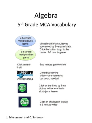 Algebra           5thGrade MCA Vocabulary J. Scheumann and C. Sorenson 
