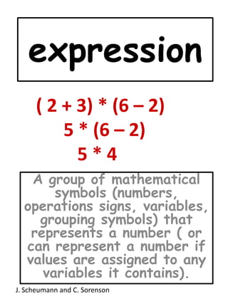 expression( 2 + 3) * (6 – 2)      5 * (6 – 2)         5 * 4A group of mathematical symbols (numbers, operations signs, variables, grouping symbols) that represents a number ( or can represent a number if values are assigned to any variables it contains).J. Scheumann and C. Sorenson