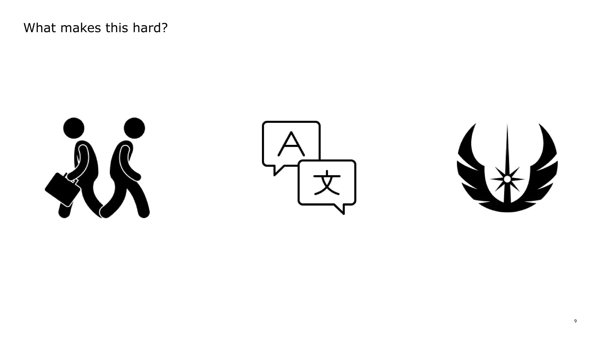 9
What makes this hard?
 