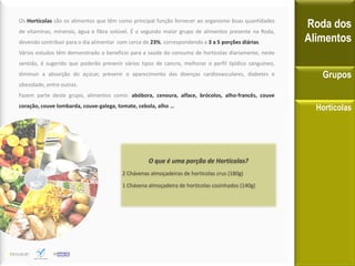 Os Hortícolas são os alimentos que têm como principal função fornecer ao organismo boas quantidades
de vitaminas, minerais, água e fibra solúvel. É o segundo maior grupo de alimentos presente na Roda,
                                                                                                         Roda dos
devendo contribuir para o dia alimentar com cerca de 23%, correspondendo a 3 a 5 porções diárias.        Alimentos
Vários estudos têm demonstrado o benefício para a saúde do consumo de hortícolas diariamente, neste
sentido, é sugerido que poderão prevenir vários tipos de cancro, melhorar o perfil lipídico sanguíneo,
diminuir a absorção do açúcar, prevenir o aparecimento das doenças cardiovasculares, diabetes e             Grupos
obesidade, entre outras.
Fazem parte deste grupo, alimentos como: abóbora, cenoura, alface, brócolos, alho-francês, couve
coração, couve lombarda, couve-galega, tomate, cebola, alho …                                              Hortícolas




                                                    O que é uma porção de Hortícolas?
                                         2 Chávenas almoçadeiras de hortícolas crus (180g)

                                         1 Chávena almoçadeira de hortícolas cozinhados (140g)
 