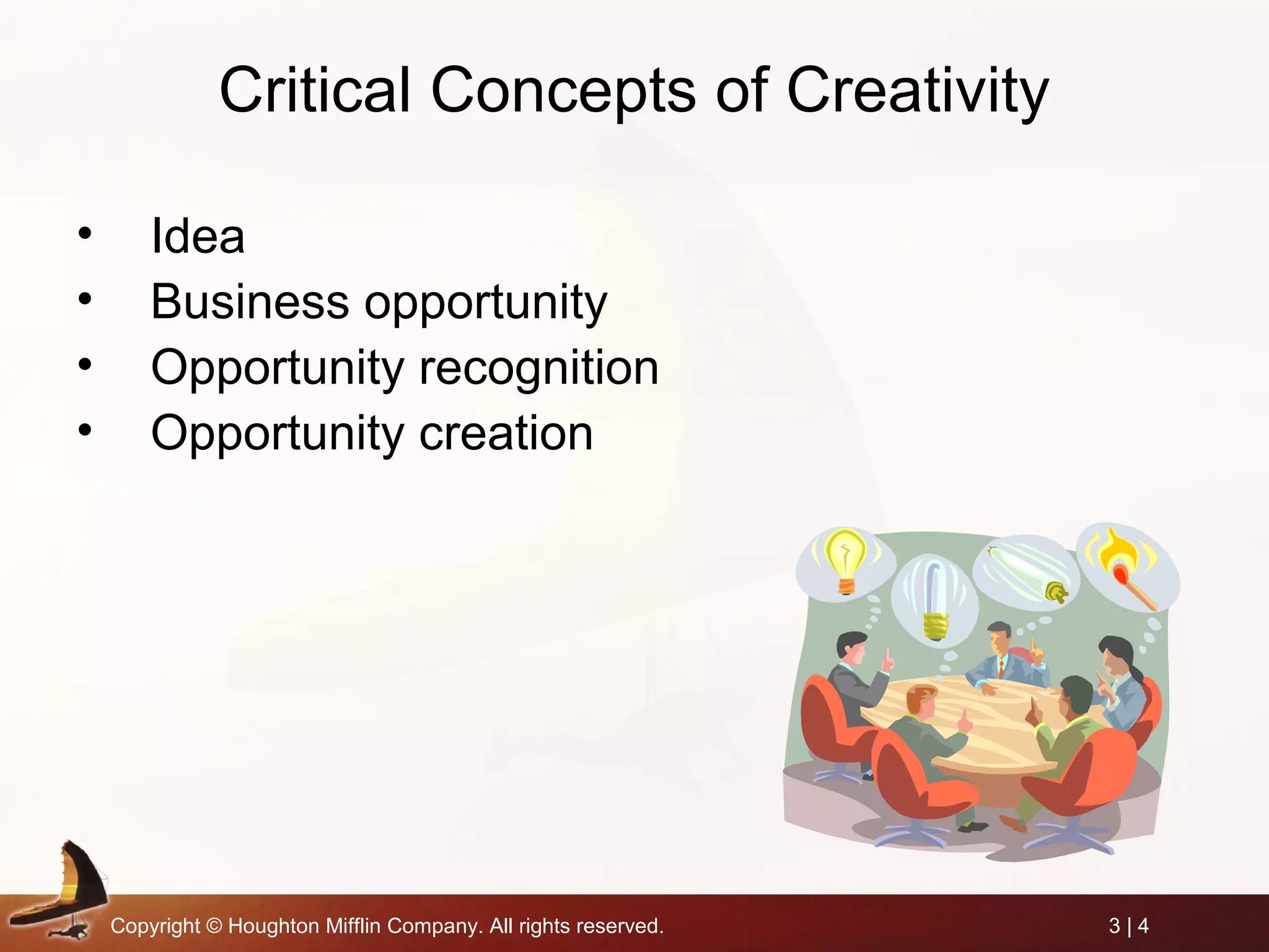 Copyright © Houghton Mifflin Company. All rights reserved. 3 | 4
Critical Concepts of Creativity
• Idea
• Business opportunity
• Opportunity recognition
• Opportunity creation
 
