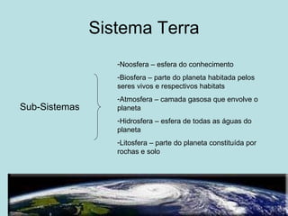 Sistema Terra
                  -Noosfera – esfera do conhecimento
                  -Biosfera – parte do planeta habitada pelos
                  seres vivos e respectivos habitats
                  -Atmosfera – camada gasosa que envolve o
Sub-Sistemas      planeta
                  -Hidrosfera – esfera de todas as águas do
                  planeta
                  -Litosfera – parte do planeta constituída por
                  rochas e solo
 