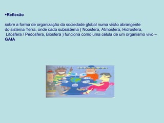 •Reflexão

sobre a forma de organização da sociedade global numa visão abrangente
do sistema Terra, onde cada subsistema ( Noosfera, Atmosfera, Hidrosfera,
 Litosfera / Pedosfera, Biosfera ) funciona como uma célula de um organismo vivo –
GAIA
 