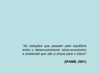 “As soluções que passam pelo equilíbrio
entre o desenvolvimento sócio-económico
e ambiental que são a chave para o futuro”

                           (IPAMB, 2001)
 