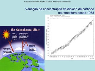 Causas ANTROPOGÉNICAS das Alterações Climáticas



Variação da concentração de dióxido de carbono
                      na atmosfera desde 1958
 