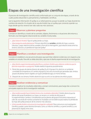 El proceso de investigación científica está conformado por un conjunto de etapas, a través de las
cuales podrás desarrollar tu pensamiento y habilidades científicas.
Lee la siguiente información: El quillay es un árbol perenne, ya que no pierde sus hojas durante los
cambios de estación. En el patio de la casa de Andrés hay un quillay que comenzó a perder sus
hojas desde que los veranos han sido cada vez más calurosos.
Etapa 1 Observar y plantear preguntas
Consiste en identificar, a través de los sentidos, objetos, fenómenos o situaciones del entorno y
formular una interrogante relacionando las variables involucradas.
•	 ¿Qué observó Andrés? Que el quillay perdía sus hojas.
•	 ¿Qué pregunta pudo plantearse? Primero identificó las variables: pérdida de hojas y veranos
calurosos. Luego, relacionó dichas variables y formuló la interrogante: ¿qué relación existe entre los
veranos calurosos y la pérdida de hojas del quillay?
Etapa 2 Planificar y conducir una investigación
Consiste en establecer una secuencia de pasos que permitan obtener evidencias con respecto a las
variables en estudio. Para ello se debe describir y ejecutar el diseño experimental de la investigación.
•	 ¿Qué diseño experimental podría planificar y conducir Andrés para obtener evidencia que le
permita responder su pregunta? Andrés realizó el siguiente procedimiento:
1.	 Plantó dos grupos de plantas jóvenes de quillay (A y B). Al grupo A lo ubicó en un ambiente
controlado de temperatura, en cambio al grupo B, cerca de una estufa que generaba calor. Ambos
grupos de plantas fueron regados con igual cantidad de agua, al mismo tiempo.
2.	 Después de una semana, Andrés observó lo que ocurrió con las plantas de ambos grupos.
Etapa 3 Analizar evidencias y comunicar
Consiste en explicar los resultados obtenidos y extraer conclusiones, para luego dar a conocer los
principales aspectos de la investigación realizada.
•	 ¿Qué análisis puede hacer Andrés frente a los resultados obtenidos? Andrés observó que las
plantas del grupo B perdieron sus hojas y se secaron, en cambio las del grupo A,
no experimentaron cambios. Considerando que las plantas del grupo B estuvieron expuestas al
calor de una estufa de manera constante los resultados son la evidencia para explicar la pérdida de
las hojas del quillay producto de los veranos más calurosos.
•	 ¿Cómo puede Andrés comunicar la investigación realizada? Para comunicar una investigación
científica, pueden usarse distintos formatos, como un informe científico, un panel científico y una
presentación digital, entre otros.
Etapas de una investigación científica
8 Etapas de una investigación científica
 