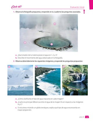 1.	 Observa la fotografía propuesta y responde en tu cuaderno las preguntas asociadas.
1
3
2
a.	 ¿Qué estados de la materia posee el agua en 1, 2 y 3?
b.	 Describe el movimiento del agua observado en la fotografía.
2.	 Observa detenidamente las siguientes imágenes y responde las preguntas propuestas:
¿Qué sé? Evaluación inicial
a.	 ¿Cómo clasificarías el tipo de agua expuesta en cada imagen?
b.	 ¿Cuál es la principal diferencia entre el agua de la imagen B con respecto a las imágenes
A y C?
c.	 Si estuvieras mirando un globo terráqueo, explica qué tipo de agua reconocerías en
mayor proporción.
A B C
13
¿Qué sé?
 