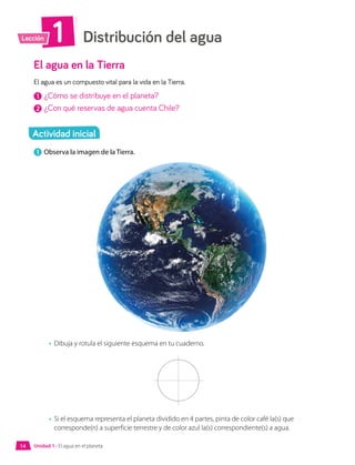 Distribución del agua
1
Lección
El agua en la Tierra
El agua es un compuesto vital para la vida en la Tierra.
1 	¿Cómo se distribuye en el planeta?
2 	¿Con qué reservas de agua cuenta Chile?
1 	Observa la imagen de la Tierra.
•	 Dibuja y rotula el siguiente esquema en tu cuaderno.
•	 Si el esquema representa el planeta dividido en 4 partes, pinta de color café la(s) que
corresponde(n) a superficie terrestre y de color azul la(s) correspondiente(s) a agua.
Actividad inicial
Unidad 1 • El agua en el planeta
14
 
