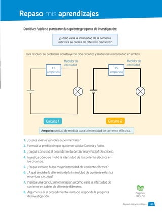 Repaso mis aprendizajes
Daniela y Pablo se plantearon la siguiente pregunta de investigación:
¿Cómo varía la intensidad de la corriente
eléctrica en cables de diferente diámetro?
Para resolver su problema construyeron dos circuitos y midieron la intensidad en ambos:
Circuito 1
Medidor de
intensidad
1.	 ¿Cuáles son las variables experimentales?
2.	 Formula la predicción que quisieron validar Daniela y Pablo.
3.	 ¿En qué consistió el procedimiento de Daniela y Pablo? Descríbelo.
4.	 Investiga cómo se midió la intensidad de la corriente eléctrica en
los circuitos.
5.	 ¿En qué circuito hubo mayor intensidad de corriente eléctrica?
6.	 ¿A qué se debe la diferencia de la intensidad de corriente eléctrica
en ambos circuitos?
7.	 Plantea una conclusión en relación a cómo varía la intensidad de
corriente en cables de diferente diámetro.
8.	 Argumenta si el procedimiento realizado responde la pregunta
de investigación.
Circuito 2
Medidor de
intensidad
15
amperios
11
amperios
Amperio: unidad de medida para la intensidad de corriente eléctrica.
Páginas
78 y 79
165
Repaso mis aprendizajes
 