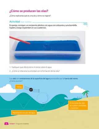 ¿Cómo se producen las olas?
¿Cómo explicarías qué es una ola y cómo se origina?
Las olas son ondulaciones de la superficie del agua provocadas por la fuerza del viento.
¿Cómo ocurren?
Movimiento circular del agua.
Viento
En la costa, las olas
se vuelven inestables
y revientan.
En pareja, consigan: un recipiente plástico con agua con colorante y una bombilla.
Soplen y luego respondan en sus cuadernos.
1.	 Expliquen qué efecto tiene el viento sobre el agua.
2.	 ¿Cómo se relaciona la actividad con la formación de las olas?
Actividad Usar modelos
Unidad 1 • El agua en el planeta
30
 