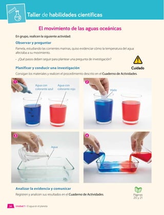 Taller de habilidades científicas
El movimiento de las aguas oceánicas
En grupo, realicen la siguiente actividad:
Observar y preguntar
Pamela, estudiando las corrientes marinas, quiso evidenciar cómo la temperatura del agua
afectaba a su movimiento.
•	 ¿Qué pasos deben seguir para plantear una pregunta de investigación?
Planificar y conducir una investigación
Consigan los materiales y realicen el procedimiento descrito en el Cuaderno de Actividades.
Analizar la evidencia y comunicar
Registren y analicen sus resultados en el Cuaderno de Actividades.
1
3
2
4
Hielo
Agua con
colorante azul
Agua
Agua con
colorante rojo
Páginas
20 y 21
Cuidado
Unidad 1 • El agua en el planeta
34
 