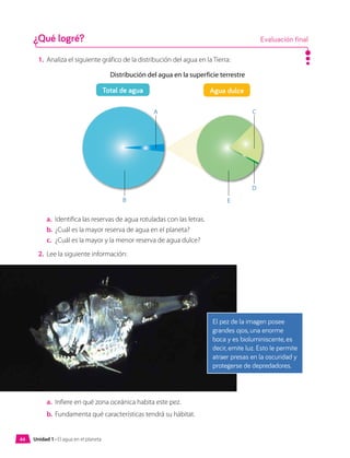 1.	 Analiza el siguiente gráfico de la distribución del agua en la Tierra:
Distribución del agua en la superficie terrestre
B
A C
E
D
Total de agua Agua dulce
a.	 Identifica las reservas de agua rotuladas con las letras.
b.	 ¿Cuál es la mayor reserva de agua en el planeta?
c.	 ¿Cuál es la mayor y la menor reserva de agua dulce?
2.	 Lee la siguiente información:
El pez de la imagen posee
grandes ojos, una enorme
boca y es bioluminiscente, es
decir, emite luz. Esto le permite
atraer presas en la oscuridad y
protegerse de depredadores.
a.	 Infiere en qué zona oceánica habita este pez.
b.	 Fundamenta qué características tendrá su hábitat.
¿Qué logré? Evaluación final
44 Unidad 1 • El agua en el planeta
 