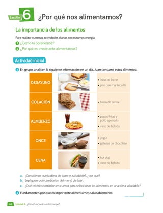 ¿Por qué nos alimentamos?
6
Lección
La importancia de los alimentos
Para realizar nuestras actividades diarias necesitamos energía.
1 	¿Cómo la obtenemos?
2 	¿Por qué es importante alimentarnos?
1 	En grupo, analicen la siguiente información: en un día, Juan consume estos alimentos:
a.	 ¿Consideran que la dieta de Juan es saludable?, ¿por qué?
b.	 Expliquen qué cambiarían del menú de Juan.
c.	 ¿Qué criterios tomarían en cuenta para seleccionar los alimentos en una dieta saludable?
2 	Fundamenten por qué es importante alimentarnos saludablemente.
DESAYUNO
•	vaso de leche
•	pan con mantequilla
COLACIÓN •	barra de cereal
ALMUERZO
•	papas fritas y
pollo apanado
•	vaso de bebida
ONCE
•	yogur
•	galletas de chocolate
CENA
•	hot dog
•	vaso de bebida
Actividad inicial
68 Unidad 2 • ¿Cómo funciona nuestro cuerpo?
 