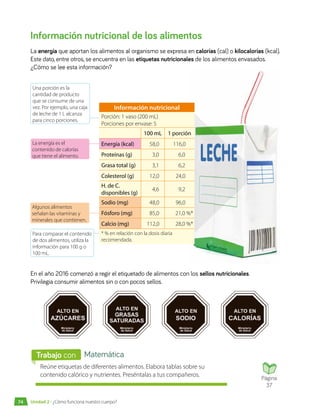 Información nutricional de los alimentos
La energía que aportan los alimentos al organismo se expresa en calorías (cal) o kilocalorías (kcal).
Este dato, entre otros, se encuentra en las etiquetas nutricionales de los alimentos envasados.
¿Cómo se lee esta información?
En el año 2016 comenzó a regir el etiquetado de alimentos con los sellos nutricionales.
Privilegia consumir alimentos sin o con pocos sellos.
La energía es el
contenido de calorías
que tiene el alimento.
Algunos alimentos
señalan las vitaminas y
minerales que contienen.
Para comparar el contenido
de dos alimentos, utiliza la
información para 100 g o
100 mL.
Una porción es la
cantidad de producto
que se consume de una
vez. Por ejemplo, una caja
de leche de 1 L alcanza
para cinco porciones.
Reúne etiquetas de diferentes alimentos. Elabora tablas sobre su
contenido calórico y nutrientes. Preséntalas a tus compañeros.
Matemática
Trabajo con
Página
37
74 Unidad 2 • ¿Cómo funciona nuestro cuerpo?
Información nutricional
Porción: 1 vaso (200 mL)
Porciones por envase: 5
100 mL 1 porción
Energía (kcal) 58,0 116,0
Proteínas (g) 3,0 6,0
Grasa total (g) 3,1 6,2
Colesterol (g) 12,0 24,0
H. de C.
disponibles (g)
4,6 9,2
Sodio (mg) 48,0 96,0
Fósforo (mg) 85,0 21,0 %*
Calcio (mg) 112,0 28,0 %*
* % en relación con la dosis diaria
recomendada.
 