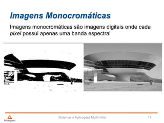 Imagens Monocromáticas
Imagens monocromáticas são imagens digitais onde cada
pixel possui apenas uma banda espectral
Sistemas e Aplicações Multimídia 11
 