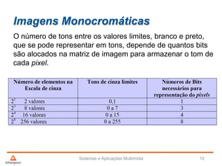 Imagens Monocromáticas
O número de tons entre os valores limites, branco e preto,
que se pode representar em tons, depende de quantos bits
são alocados na matriz de imagem para armazenar o tom de
cada pixel.
Sistemas e Aplicações Multimídia 12
 