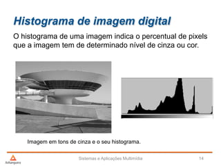 Histograma de imagem digital
O histograma de uma imagem indica o percentual de pixels
que a imagem tem de determinado nível de cinza ou cor.
Sistemas e Aplicações Multimídia 14
Imagem em tons de cinza e o seu histograma.
 