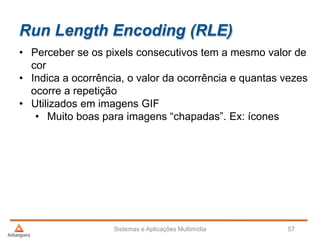Run Length Encoding (RLE)
• Perceber se os pixels consecutivos tem a mesmo valor de
cor
• Indica a ocorrência, o valor da ocorrência e quantas vezes
ocorre a repetição
• Utilizados em imagens GIF
• Muito boas para imagens “chapadas”. Ex: ícones
Sistemas e Aplicações Multimídia 57
 