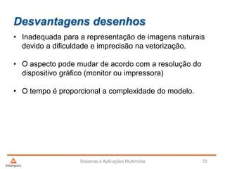 Desvantagens desenhos
• Inadequada para a representação de imagens naturais
devido a dificuldade e imprecisão na vetorização.
• O aspecto pode mudar de acordo com a resolução do
dispositivo gráfico (monitor ou impressora)
• O tempo é proporcional a complexidade do modelo.
Sistemas e Aplicações Multimídia 72
 