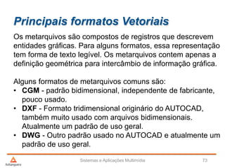 Principais formatos Vetoriais
Os metarquivos são compostos de registros que descrevem
entidades gráficas. Para alguns formatos, essa representação
tem forma de texto legível. Os metarquivos contem apenas a
definição geométrica para intercâmbio de informação gráfica.
Alguns formatos de metarquivos comuns são:
• CGM - padrão bidimensional, independente de fabricante,
pouco usado.
• DXF - Formato tridimensional originário do AUTOCAD,
também muito usado com arquivos bidimensionais.
Atualmente um padrão de uso geral.
• DWG - Outro padrão usado no AUTOCAD e atualmente um
padrão de uso geral.
Sistemas e Aplicações Multimídia 73
 