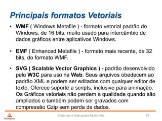 Principais formatos Vetoriais
• WMF ( Windows Metafile ) - formato vetorial padrão do
Windows, de 16 bits, muito usado para intercâmbio de
dados gráficos entre aplicativos Windows.
• EMF ( Enhanced Metafile ) - formato mais recente, de 32
bits, do formato WMF.
• SVG ( Scalable Vector Graphics ) - padrão desenvolvido
pelo W3C para uso na Web. Seus arquivos obedecem ao
padrão XML e podem ser editados com qualquer editor de
texto. Oferece suporte a scripts, inclusive para animação.
Os Gráficos vetoriais não perdem a qualidade quando são
ampliados e também podem ser gravados com
compressão Gzip sem perda de dados.
Sistemas e Aplicações Multimídia 74
 