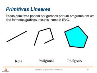 Primitivas Lineares
Essas primitivas podem ser geradas por um programa em um
dos formatos gráficos textuais, como o SVG.
Sistemas e Aplicações Multimídia 84
 