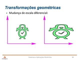 Transformações geométricas
Sistemas e Aplicações Multimídia 96
• Mudança de escala diferencial:
 