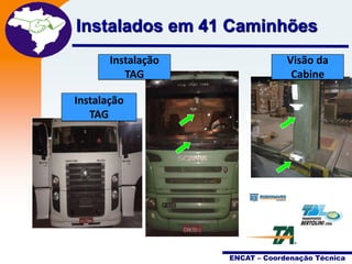 Projeto

Instalados em 41 Caminhões
Nota Fiscal
Eletrônica

Instalação
TAG

•

Visão da
Cabine

Instalação
A TAG
NF-e

é muito is que um
sistema voltado para a
simples inserção de um
documento fiscal no mundo
digital

ENCAT – Coordenação Técnica

 