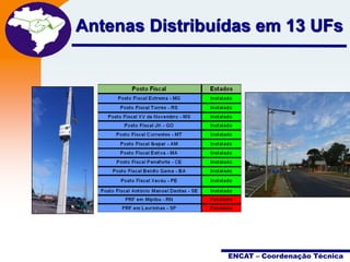 Projeto

Antenas Distribuídas em 13 UFs
Nota Fiscal
Eletrônica

• A NF-e é muito is que um
sistema voltado para a
simples inserção de um
documento fiscal no mundo
digital

ENCAT – Coordenação Técnica

 