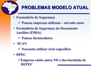 Projeto

PROBLEMAS MODELO ATUAL
Nota Fiscal
Eletrônica

• Formulário de Segurança
 Poucas empresas utilizam – elevado custo

• Formulário de Segurança do Documento
Auxiliar (FSDA)
 Poucos fornecedores

• SCAN
 Necessita utilizar série específica

• DPEC
Empresa emite outra NF-e desvinculada de
DEPEC

 