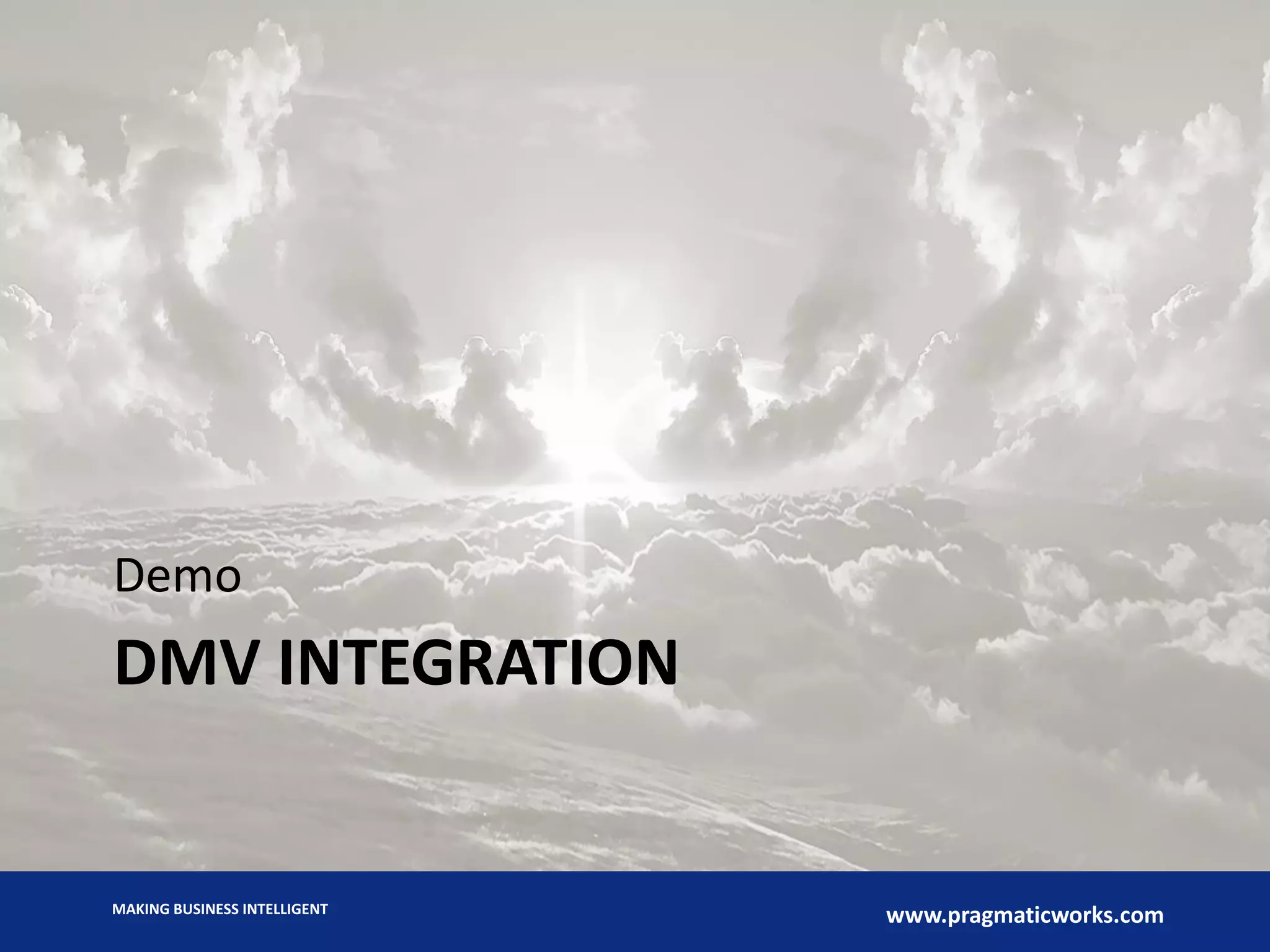 MAKING BUSINESS INTELLIGENT
www.pragmaticworks.com
DMV INTEGRATION
Demo
 
