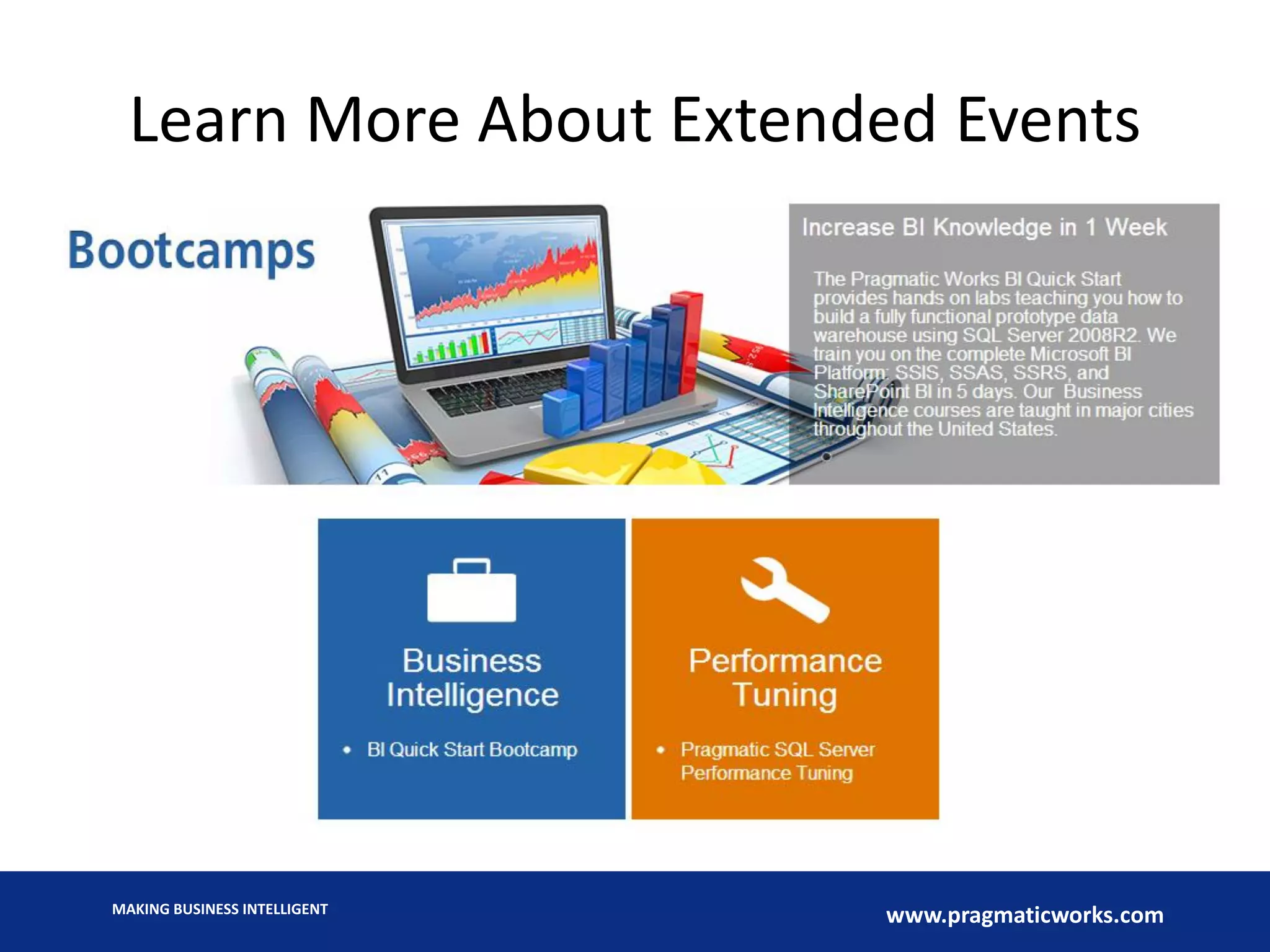 Learn More About Extended Events
MAKING BUSINESS INTELLIGENT
www.pragmaticworks.com
 