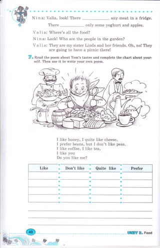 r
-W-,,";,;;-,;;;,"; aaaraaaaаaaоaоaaaа
any meat in а fridge.
only some yoghurt and apples.
V а l i а: Where's all the food?
N i n а: Look! Who аrе the реорlе in the garden?
V а l i а: They аrе mу sister Liuda and hеr friends. Oh, no! They
are going to have а picnic there!
3, Read the роеm about Tom's tastes and complete the сhаrt about уочr-
self. Тhеп use it to write your оwп роеm.
I like honey, I quite like cheese,
I рrеfеr beans, but I don't like peas.
I like coffee, I like tea,
I like you
Do you like mе?
Don't like Quite like
вffi В" Food
 