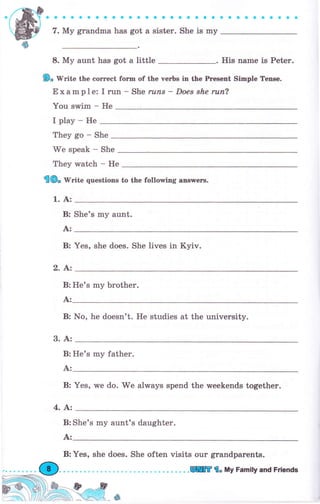aaaaaоa:aaaоaaaa.aa.a
7. Му grandnra has got а sister. Shе Ь mу
aaaaaaaaaa
8. Му aunt hаs got а little . нъ паmе is Реtеr.
{9, Wгitе the еогrесt form of the чеrЬs in the Рrgепt ýimple Тепsе.
ExarnpIe: I run - She ruпl - Daes skе ruп?
You swim - Не
I play - Не
They go - She
We speak - She
They watch - Не
fl(D" rVЯtе questions to the followicg aпsтrеrs.
1. А:
В: She's mу aunt.
А:
В: Yes, she does. She lives in Kyiv.
2. bz
В: He's my Ьrоthеr.
А:
В: No, he doesn't. Не studies at the university.
3. А:
В: He's my father.
А:
В: Yes, rve do. We always spend the weekends together.
4. bz
А:
В: She's my aunt's daughter.
В: Yes, she does. She often visits оur gTandparents.
ftill,ý=., .Ф .--"я
l;;''zжа,.хх' *
ffii" Шу Family and Friends
 