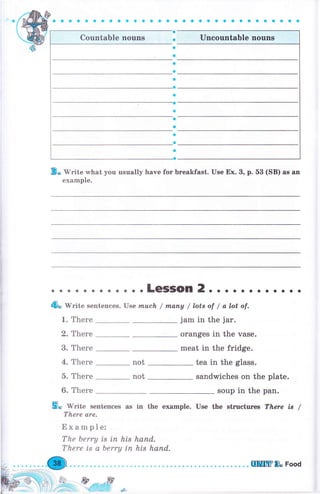 aaоaaaaaaaaaaaaaоaaaоaaaaaaооaо
countable поuпs
Во Write what you usually have fоr breakfast. Use Ех. 3, р. 53 (SB) as an
example.
not
not
jam in the jar.
oranges in the vase.
meat in the fridge.
tea in the glass.
sandwiches оп the plate.
soup in the pan.
in the example. Use the strчсtчrеs There iB /
hапd.
his hапd.
5о write sentences as
There are.
Example:
The berry is iп his
There is а berry iп
. . . .LeSSOn 2. о о о . . о . о. о .
& W"lt" sentences. TJse lnlcclt. / папу / lotB of / а tot of.
1. There
2. There
3. Тhеrе
4. Тhеrе
5. Тhеrе
6. Тhеrе
l
:}'-iii i=r- &,**,"еff
:: t{,-.-,,:
я.
tlпffi& Food
 
