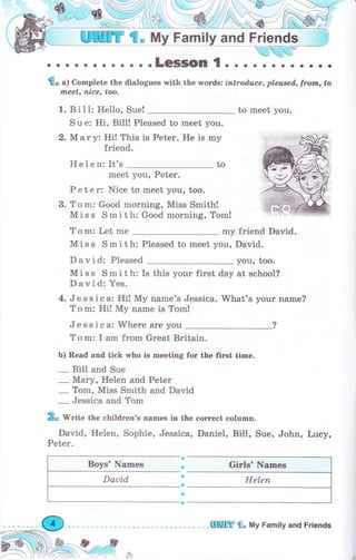 Щffiýtr €= Му_ Fe11ljly зпd Friепds
чжffi
; " ; ;.;,;; ;- .;;;:::::"] ;;; )"",,,,*},"",о,,oi*,, iо
ппееt, ъiсе, too.
1. Bi1l: Неllо, Sue! to meet you.
S u е: Hi, Bill! Pleased to meet you.
2. М а r у: Hi! This is Peter. Не is mу
friend.
Helen: It's
meet you, Peter.
Р е t е r: Nice to meet you, too.
3. Т о m: Good morning, Miss Smith!
Miss Smith: Good morning, Тоm!
Тоm: Let mе mу friend David.
Miss Smith: Pleased to meet you, David.
David: Pieased уоu, too.
Miss Smith: Is this уоur first day at school?
David: Yes.
4. J е s s i с а: Hi! Му name's Jessica. What's your паmе?
Т о m: Hi! Му name is Тоm!
Jessica: Where аrе you
Т о m: I аm frоm Great Britain.
Ь) Read and tick Tyho is meeting for the first tirne.
_ Bill and Sue
_ Маrу, Неlеп and Peter
_ Тоm, Miss Smith and. David
_ Jessica and Тоm
р, 'write the children's names in the соrrесt соlumп.
David, Helen, Sophie, Jessica, Daniel, BilI, Sue, John, Lucy,
Peter.
ШEItr fl" Му Family and Friends
 