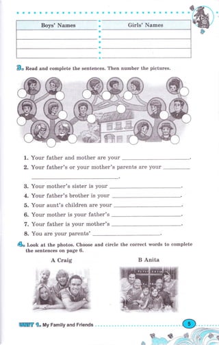 a эФ а а ф & lp ф & ф Ф * ф Ф €! Ф Ф Ф * ý Ф ф в Ф ф Ф ý rý Ф
ф
ф
о
о
о
ф
ф
&
В* Rсаd and complete the sentences. Then пчmЬеr the рiсtчгеs.
Your father and mоthеr аrе уоur
Your father's or уоur mother's parents are уоur
3. Yоur mother's sister is уоur
4. Yоur father's brother is your
5. Your aunt's children аrе your
6. Your mоthеr is your father's
7. Your father is уоur mother's
8. Yоu are your parents'
& look at the photos. choose
the sentences оп page 6.
1.
2.
and сirсlе the соrrесt words to complete
А Craig В Anita
Ш]Пffi {" Му Family апd Friепds
 