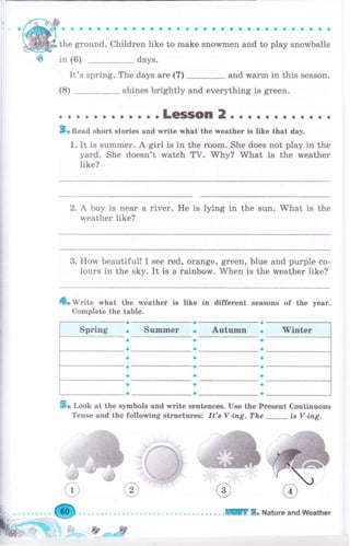 оеaaaaaaaaaaaaaaaaaaaaaaaaaaaоо
the ground. Children like to make snowmen and to play snowballs
* in (6) days.
It'sspring.Thedaysare(7)-andwarminthisSeаSon.
(8) shines brightly and everything is grееп.
. . . .. . . о о о ..LeSSOn 2о о о . о. о.. о о о
BoRead short stories and rпrite what the wеаthеr is like that day.
1. It is summеr. А girl is in the rооm. She does not рlау in the
yard. She doesn't rMatch ТV. Why? What is the rмeather
like?
2. А Ьоу is пеаr а river. Не is lying in the sun. What is the
weather like?
3. How beautiful! I see геd, оrапgе,
lours in the sky. It is а rаiпЬоw.
g,rееп, blue and purple со-
W'hen is the wеаthеr like?
4о write what the wеаthеr is like in different seasons of the
Complete the table.
чеаr.
Sumпrеr Ацtчmп
ýо Look at the symbols and vyrite sentences. Use the Present Continuous
Tense and the following structures: rt's V,iпg, Тhе
-
is Y-iпg.
a
a
a
a
a
a
a
a
a
a
a
a
a
a
a
о
о
a
a
a
о
a
о
a
a
a
a
lrп 5" Nаtчrе and Weather
 
