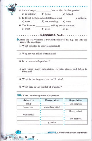 -;.
;";,; ;;;.
а) is helping
оэaоaaa
;"; ;;r",'r" *"'*r;;.'
' ' '
с) helped
а uniform.
Ь) helps
5. In Grеаt Вritаiп schoolchildren must
а) wеаr
6, The Вrоwпs
а) went
Ь) аrе wearing е) wоrе
sailing ечеrу summеr.
Ь) goes с) go
. . LGS!ý(DП!S 5-6. о о . о . . . . . .
{B" Read the text "Ukraine is Our Motherland" of Ех. 2, р. 129 (SB) and
апýwеr the questions.
1. What country is уоur Motherland?
2. Why аrе we called Ukrainians?
3. Is оur state independent?
4. Аrе there mапу mountains, forests, riчеrs and lakes in
Ukraine?
5. What is the longest river in Ukraine?
6. What city is the capital of Ukraine?
ff@п lY'гitе the missing fогms of adjeetives.
a a
a
a
a
a
a
a
a
о
a
a
a
a
a
о
. Comperative
mоrе beautiful
greater
a
a
a
a
a
о
beautifu1
.Цшг(Ь Аrочпd Grеаt Britain апd Ukraine
 