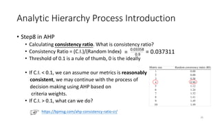Analytic Hierarchy Process Introduction
• Step8 in AHP
• Calculating consistency ratio. What is consistency ratio?
• Consistency Ratio = (C.I.)/(Random Index)
• Threshold of 0.1 is a rule of thumb, 0 is the ideally
• If C.I. < 0.1, we can assume our metrics is reasonably
consistent, we may continue with the process of
decision making using AHP based on
criteria weights.
• If C.I. > 0.1, what can we do?
= 0.03358
0.9 = 0.037311
https://bpmsg.com/ahp-consistency-ratio-cr/
26
 