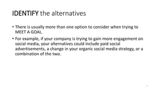 IDENTIFY the alternatives
• There is usually more than one option to consider when trying to
MEET A GOAL.
• For example, if your company is trying to gain more engagement on
social media, your alternatives could include paid social
advertisements, a change in your organic social media strategy, or a
combination of the two.
9
 