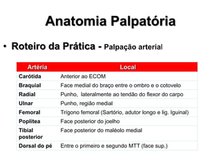 Anatomia Palpatória
• Roteiro da Prática - Palpação arterial
Artéria Local
Carótida Anterior ao ECOM
Braquial Face medial do braço entre o ombro e o cotovelo
Radial Punho, lateralmente ao tendão do flexor do carpo
Ulnar Punho, região medial
Femoral Trígono femoral (Sartório, adutor longo e lig. Iguinal)
Poplítea Face posterior do joelho
Tibial
posterior
Face posterior do maléolo medial
Dorsal do pé Entre o primeiro e segundo MTT (face sup.)
 