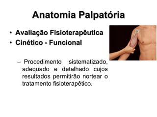Anatomia Palpatória
• Avaliação Fisioterapêutica
• Cinético - Funcional
– Procedimento sistematizado,
adequado e detalhado cujos
resultados permitirão nortear o
tratamento fisioterapêtico.
 